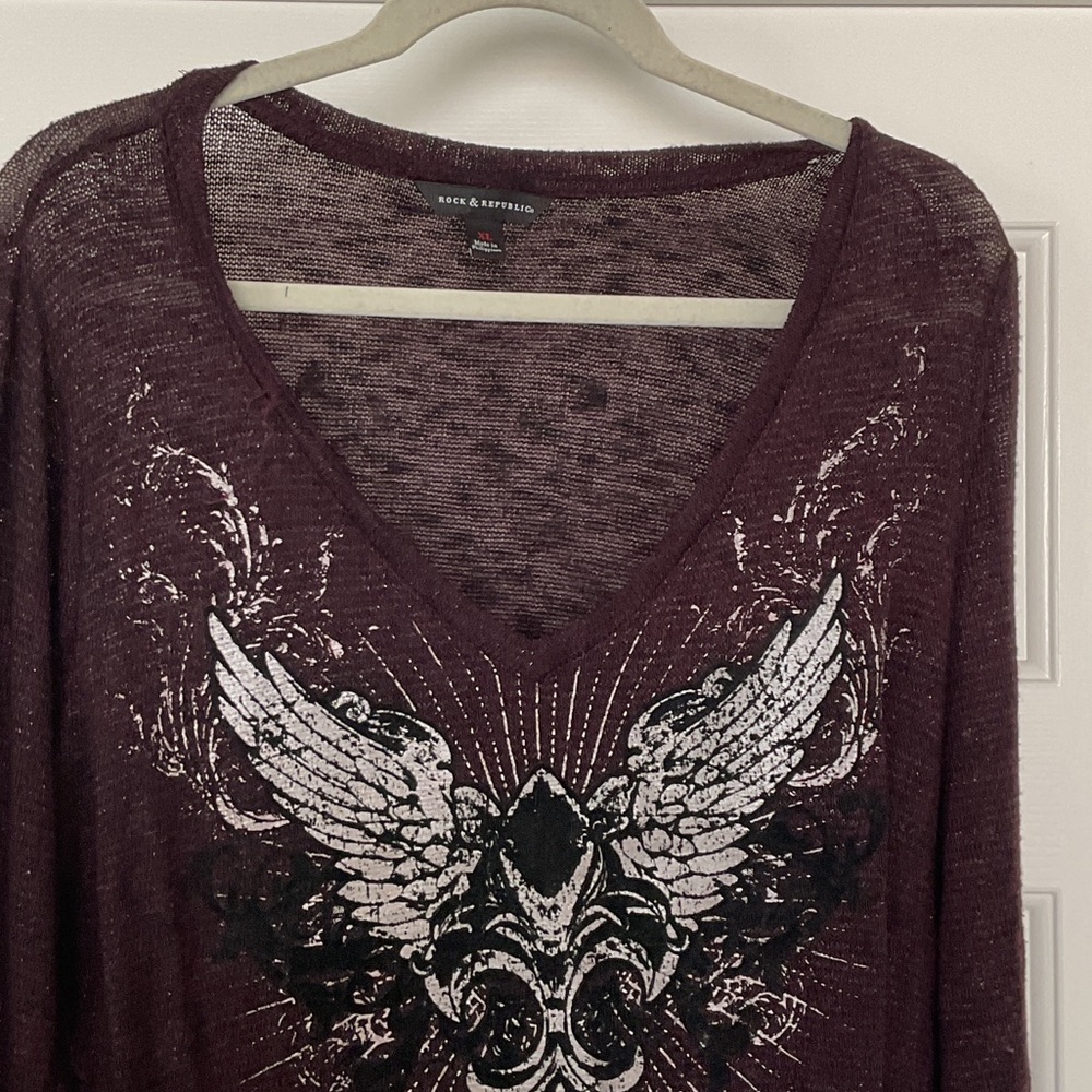 Rock & Republic Dark Maroon Winged Graphic burnt out Top, size XL